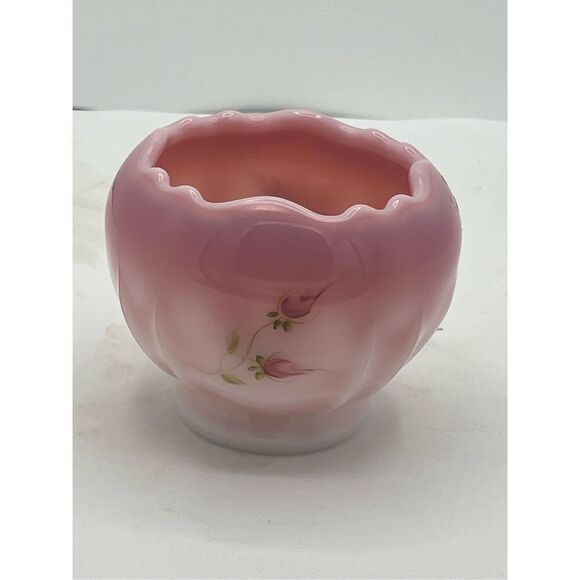 Vintage Fenton, Rose Bowl, Rosalene Satin Glass, Hand Painted  Signed D Wright - Picture 1 of 9